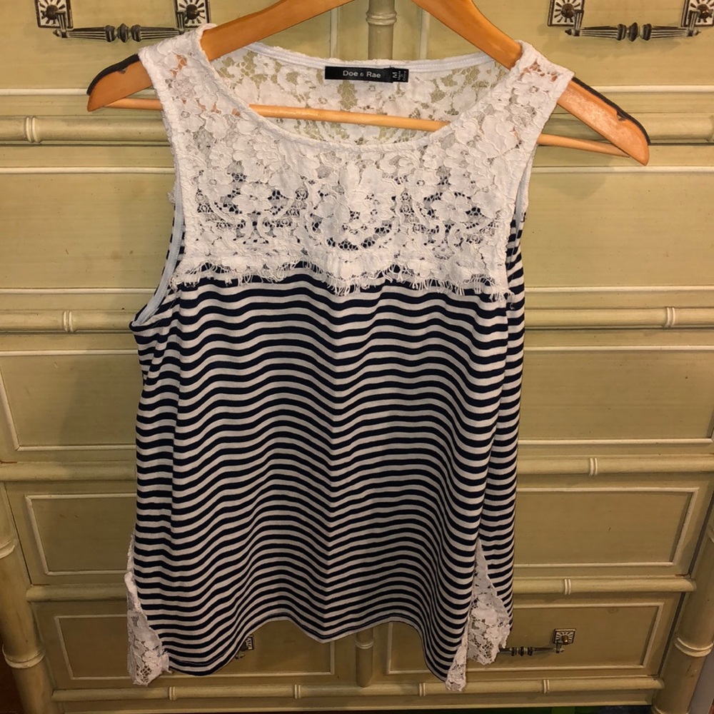 Navy and white lace striped top